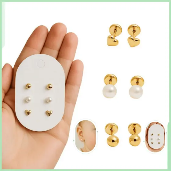 Trio Brincos Baby Antialérgico Ouro 18K Infantil Recém-Nascido Tarraxa Rosca Bolinha Coração Pérola