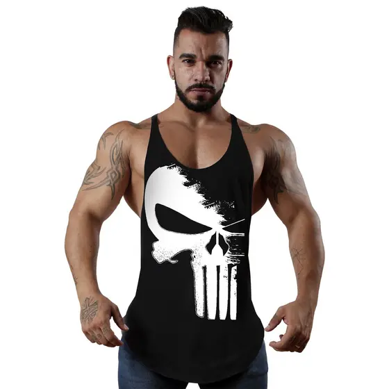 Regata Cavada Masculina Academia Fitness 100% Algodão Caveira Machão Treino Musculação Bodybuilding