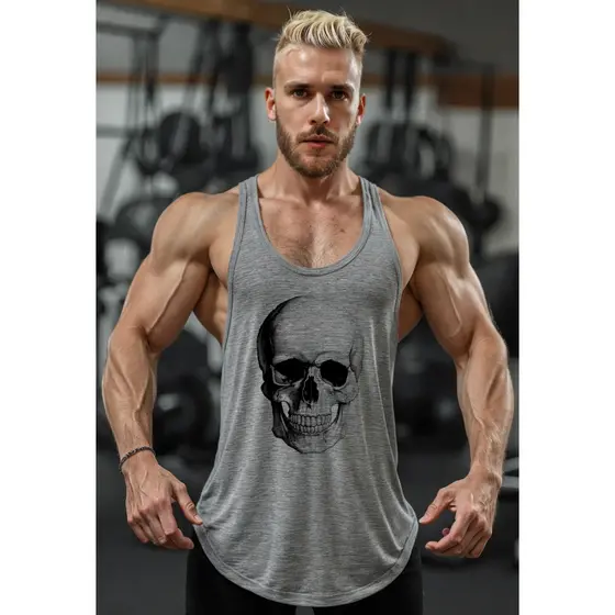Regata Masculina Cavada Musculação Cinza Mescla Cranio