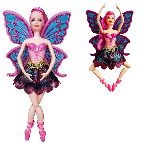 Boneca Princesa Fada Infantil Articulada com Asas Lindas de Borboletas Brilhantes