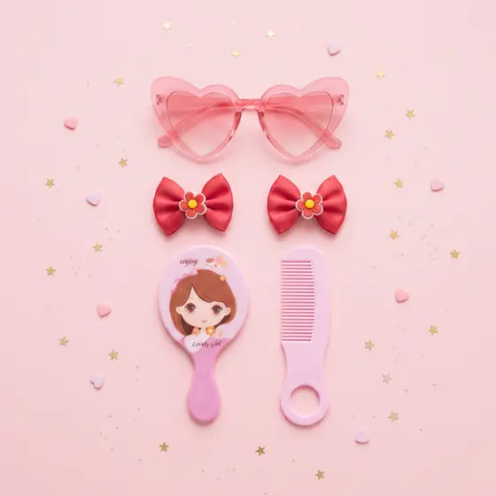 Conjunto Infantil Menina Óculos Coração e Kit Cabelos Fashion