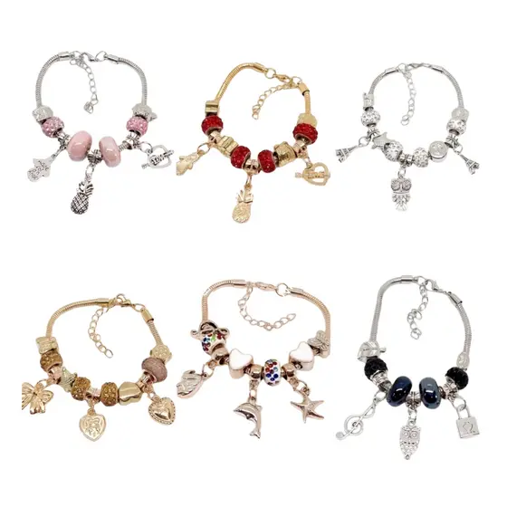 Kit 6 Pulseira Berloques Prateada, Rose e Dourada Estilo Feminina (Modelo aleatório)