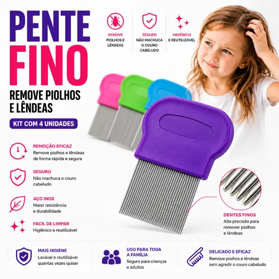 Pente Fino Extrator de Piolhos, Lêndeas, Pulgas Serve para Adulto, Crianças e Pets
