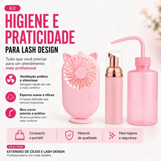 Kit Higienização e Preparação para Extensão de Cílios | Ventilador + Pump + Pisseta