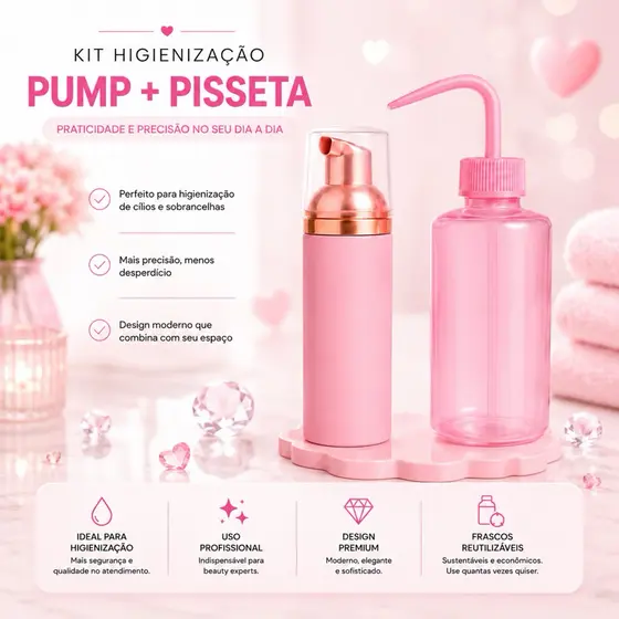 Kit Pump e Pisseta Rosa – Higienização Profissional para Extensão de Cílios e Lash Design