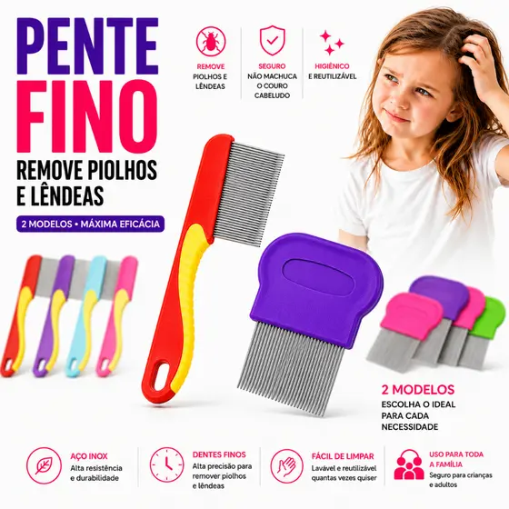 Pente Fino Com Cabo Extrator de Piolhos, Lêndeas, Pulgas Serve para Adulto, Crianças e Pets
