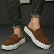 Mocassim Loafer Mule Masculino Slip On em Couro Camurça Sola Alta Moda Casual Luxo