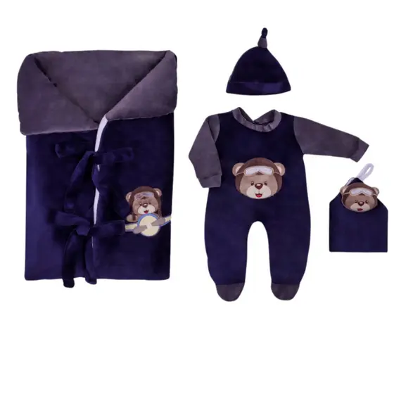 Saída Maternidade Menino Saco De Dormir Urso Aviador Plush Quentinho - Conjunto Infantil para Menino