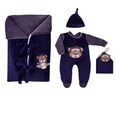 Saída Maternidade Menino Saco De Dormir Urso Aviador Plush Quentinho - Conjunto Infantil para Menino