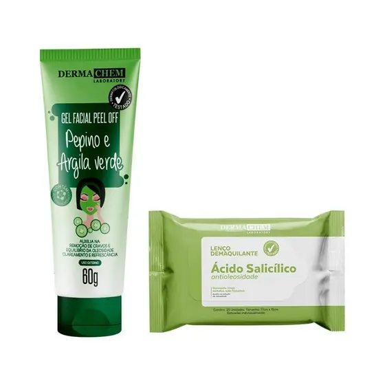 Dermachem Kit 2un - 1un Lenço Ácido Salicílico + 1un Gel Facial Peel Off Pepino e Argila Verde