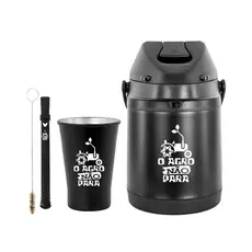 Kit Tereré Garrafa Térmica 2.5l Preta Bomba Chacal Preta Copo Preto 280ml