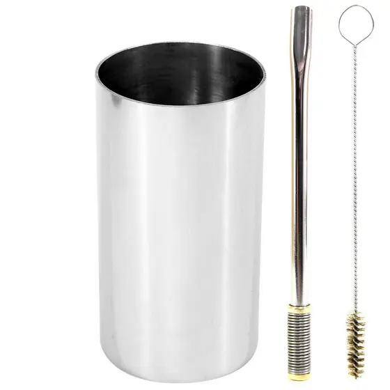 Kit Bomba e Copo de Terere Redondo 19cm Aço Inox Lisa Gold Bojo Mola