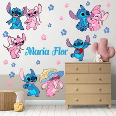 Kit Adesivo de Parede Stitch e Angel rosa e azul - Papel de Parede Quarto de Menina - Adesivo de Parede Infantil Stitch