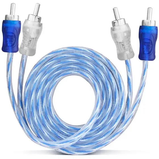 Cabo RCA 1 Metro Dupla Blindagem Injetado Azul 4mm Som Automotivo Conectores Duplos De Alta Pressão