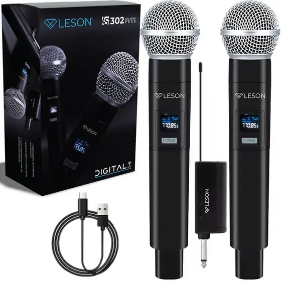 Kit 2 Microfone Sem Fio Digital Leson LS302 2.4GHz Recarregável Igreja Evento Karaokê 30m