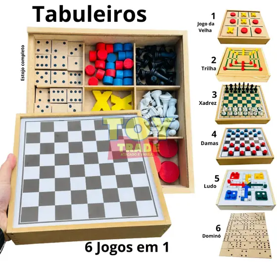 Jogos 6x1 Tabuleiros Xadrez, Dama, Jogo Da Velha, Ludo, Trilha, Dominó 6 em 1 Estojo Interativo