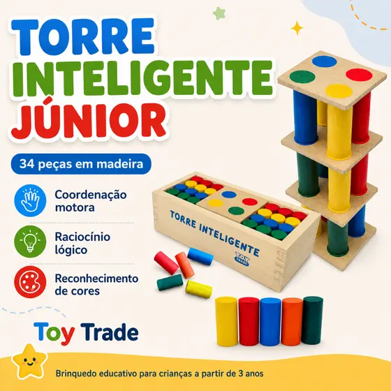 Torre Inteligente Colorida Educativa em Madeira 34 peças – Jogo Pedagógico Interativo Premium