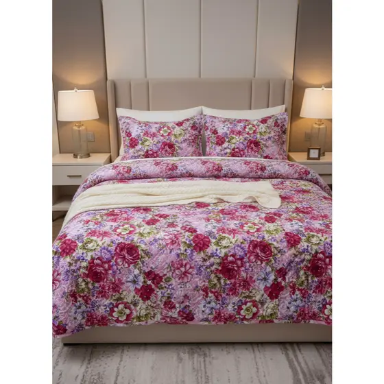 Kit Colcha Cobre Leito Queen Bouti Ultrassonic Matelado com Porta Travesseiros Floral