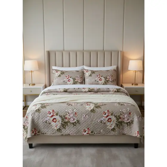 Kit Colcha Cobre Leito Queen 300 Fios Matelado Ultrassonic Rose Velare Floral 3 Peças
