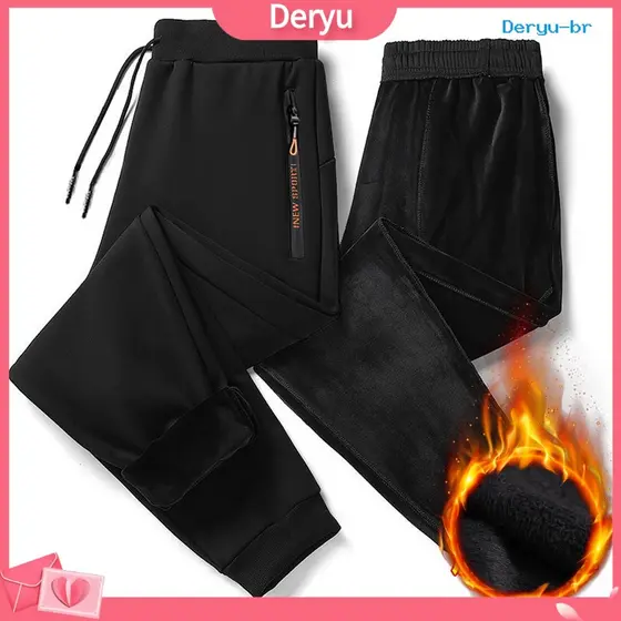 Calças Masculinas Cor Sólida Bolso Cintura Elástica Pelúcia Engrossar Manter Quente Cordão Plus Size Moletom Mas