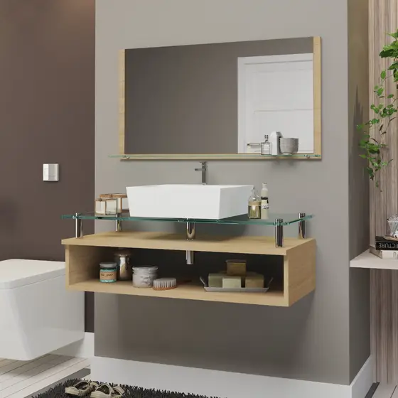 Conjunto Armário de Banheiro Jade 80cm MDF + Espelheira + Cuba com tampo de vidro temperado