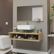 Conjunto Armário de Banheiro Jade 80cm MDF + Espelheira + Cuba com tampo de vidro temperado