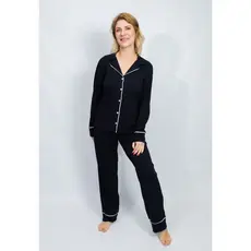 Pijama Feminino Americano Longo Abertura com Botões  Algodão Amamentação Pós-Cirurgico-Preto