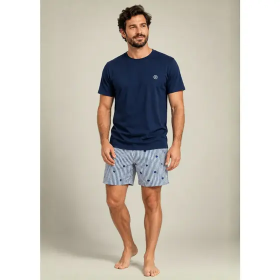 Pijama Masculino Manga Curta Algodão –Marinho / Listrado Marinho