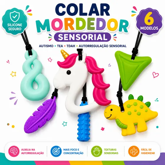 Colar Mordedor Autismo Tdah Alívio Stress 3 Und Sensorial Infantil