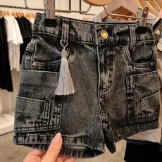 Short Jeans Cinza Bolso Lateral Feminino Infantil Juvenil Promoção