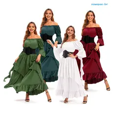 [Agora] Vestido De Halloween Vintage Renascentista Medieval Vitoriano Pirata Baile Fora Do Ombro Mangas Sino Babado Plis