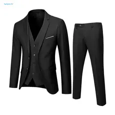 Men Suit Set Button Closure Jacket 3pcs Slim Fit – Formal Wedding Tuxedo Vest Pants Business Office Outfit Solid Color