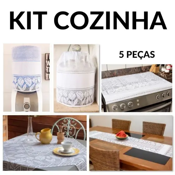Kit Jogo de Cozinha 5 Peças Capa Botijão Galão Fogão Trilho de Mesa e Toalha de Chá - Renda Desenho Tulipa Branca