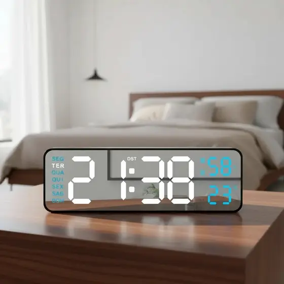 Relógio De Parede Digital Grande Temperatura E Umidade Semana Mostrador De Regulável Eletrônico LED De Mesa 12/24H