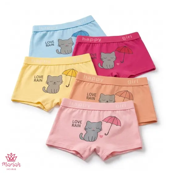 Kit 6/5/3 Calcinhas Infantil Boxer Para Meninas Tecido Poliéster Cores Sortidas