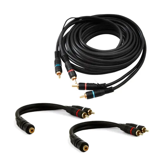 Kit Cabos RCA 1 Metro + 2 RCA Y 2M1F 2 Machos e 1 Fêmea Semi Blindado Som Amplificador Automotivo