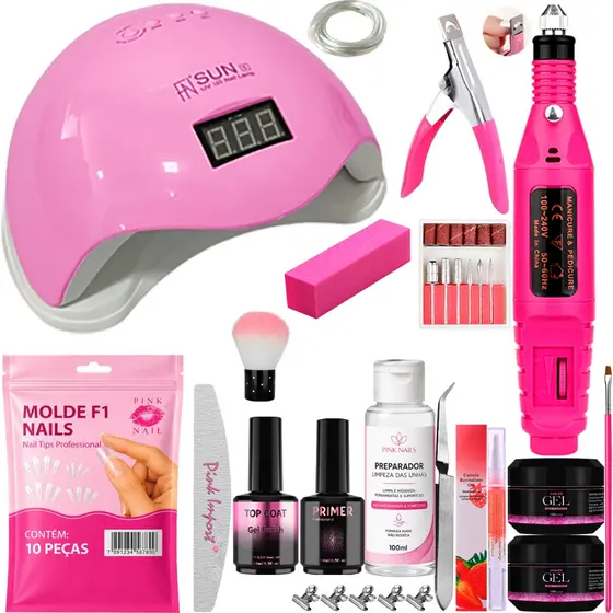 Kit Unhas de Gel Cabine Sun 5 LED UV 48w Digital Lixadeira Elétrica Caneta Tips Acrigel