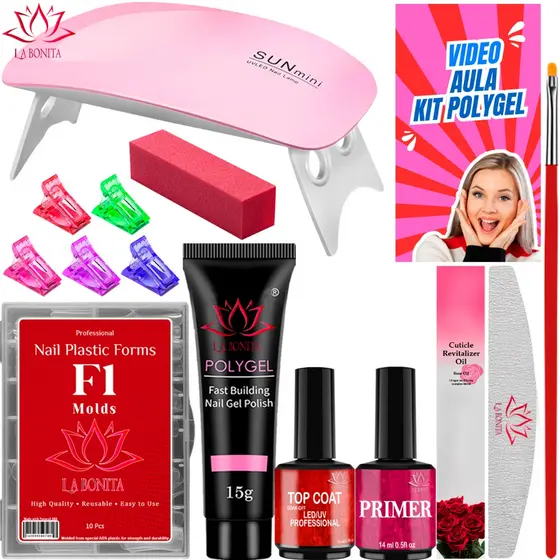 Kit Alongamento de Unha Polygel Cabine Estufa Sun Mini 6w Top Coat Primer 100 Moldes F1Gel Acrigel