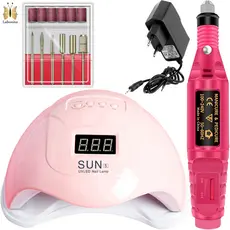 Kit Manicure Cabine Sun 5 LED UV 48w Motor Lixadeira Elétrica Caneta Unhas Gel Unha Pedicure