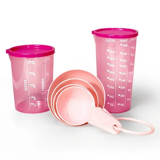 Medidor Cozinha Rosa 2 Copo 400ml 500ml + 4 Colheres Medidora Plástico Resistente