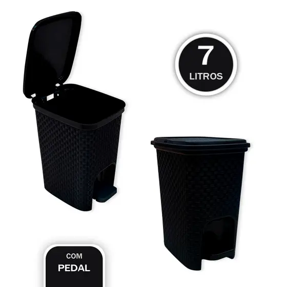 Lixeira com Pedal Trama Rattan 7 litros Banheiro Cozinha Restaurante - Preta