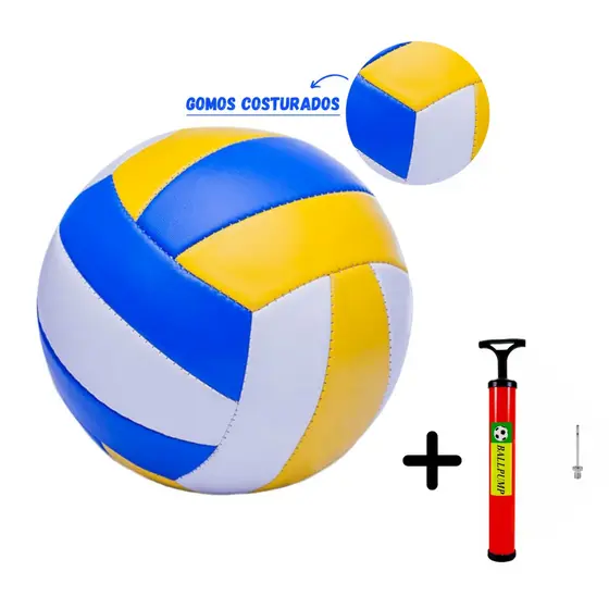 Kit Bola de Vôlei + Bomba de Ar Manual Encher Bola Oficial Couro Sintético Quadra Costurada Voleibol