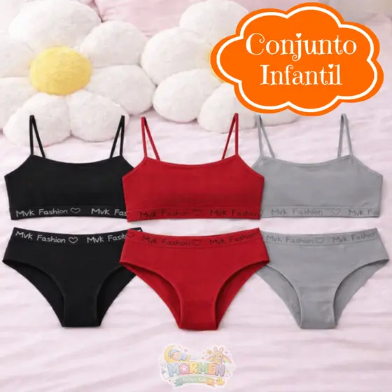 Kit 2/3 Conjunto Calcinha e Sutiã Infantil Sem Bojo Liso Algodão