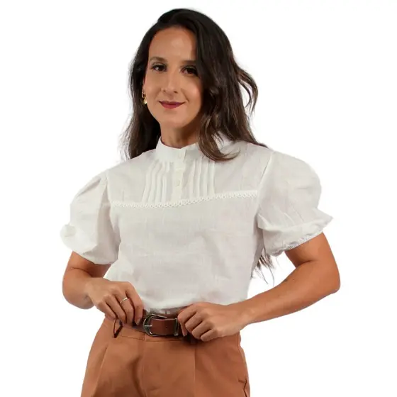 Blusa Feminina Manga Bufante Manga Curta Nervura na Frente Fresca Elegante Casual