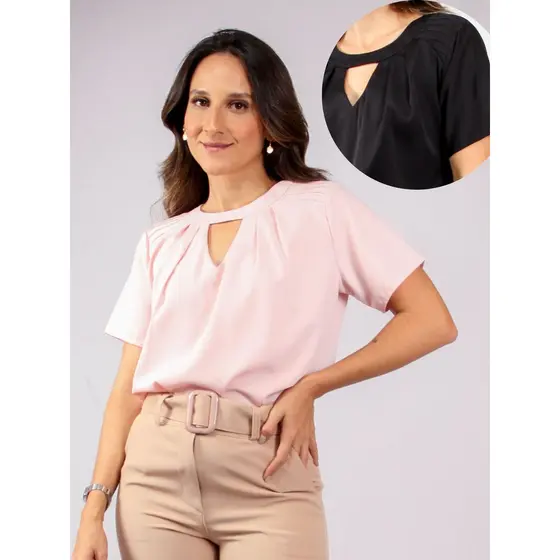 Blusa Feminina com Nervuras e Decote V Manga Curta Lisa Básica Estilo Casual Tendência