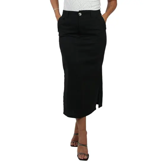 Saia Feminina de Linho Com Aba Lateral Midi Elegante com Elástico na Cintura Sem Transparência Cintura Alta
