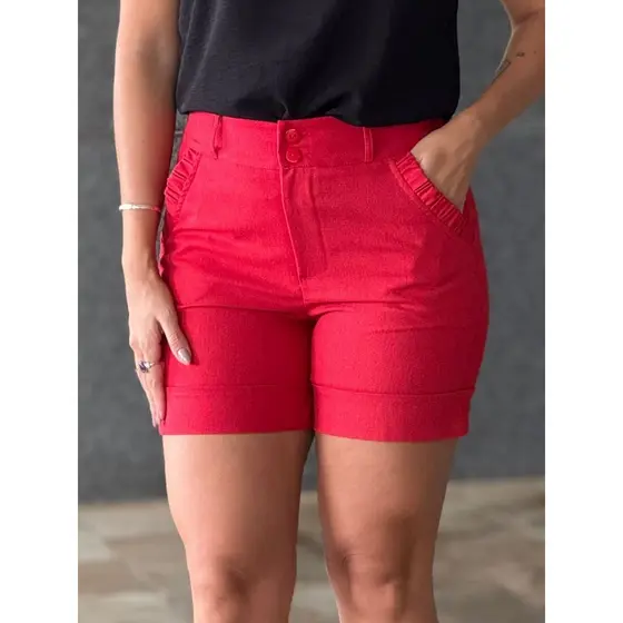 Short Feminino Detalhe no Bolso Viscolinho Elegante Sem Transparência Liso Estilo Bermuda Verão
