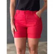 Short Feminino Detalhe no Bolso Viscolinho Elegante Sem Transparência Liso Estilo Bermuda Verão