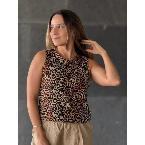 Cropped Feminino Estampado Animal Print e Floral Tendência Casual Verão Gola Redonda Sem Manga