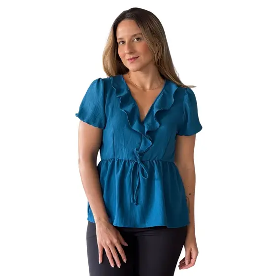 Blusa Feminina Babado Converge Estilo Bata Com Manga Curta Casual Decote V Com La莽o